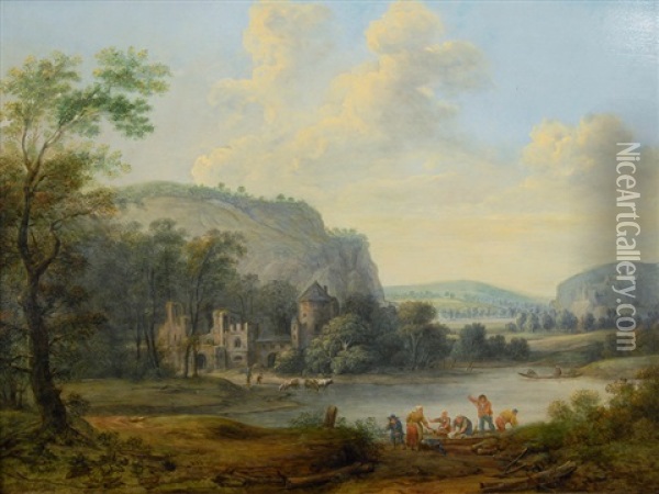 River Landscape With Fishermen Oil Painting - Bernhard Gottfried Manskirch