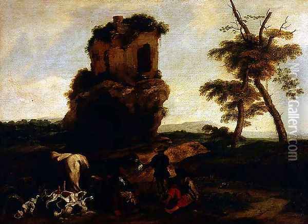 A Landscape with travellers resting near an Inn Oil Painting - Michelangelo Cerquozzi