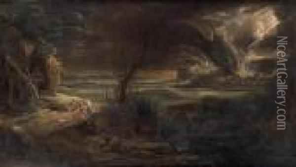 Loth Et Ses Filles Fuyant L'incendie De Sodome Et Gomorrhe Oil Painting - Pieter the Younger Mulier