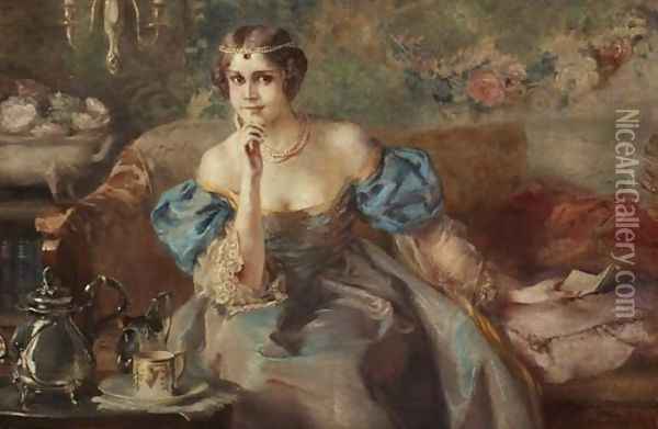 Elegant Lady Sitting on a Sofa (Elegante Dame auf Sofa sitzend) Oil Painting - Otolia Kraszewska