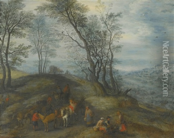 A Wooded Landscape With Travellers And Their Horses On A Path Oil Painting - Joseph van Bredael