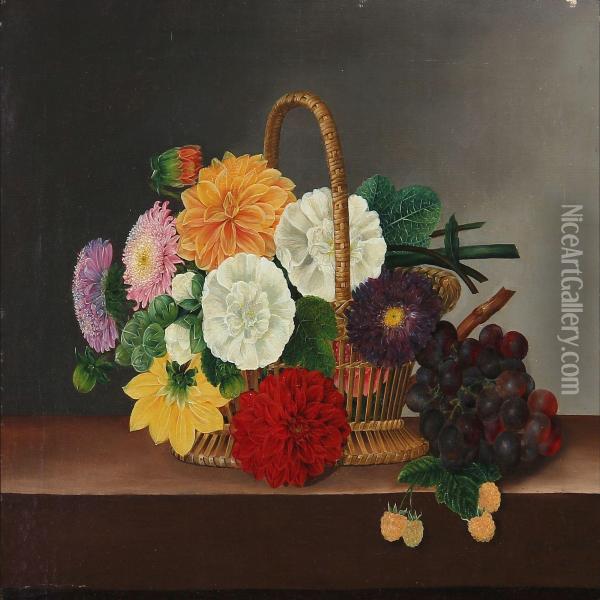 Colourfull Flowers And Grapes At A Basket Oil Painting - I.L. Jensen