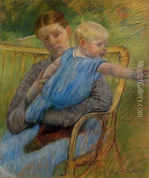 Mathilde Holding A Baby Who Reaches Out To The Right Oil Painting - Mary Cassatt