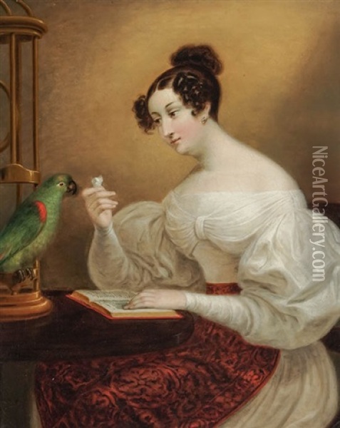 A Lady Feeding A Parrot Oil Painting - Christian Mayr