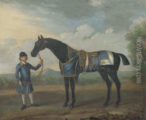 A Black Bay Race Horse And A Groom In A Landscape At The Boltonraces Oil Painting - James Seymour