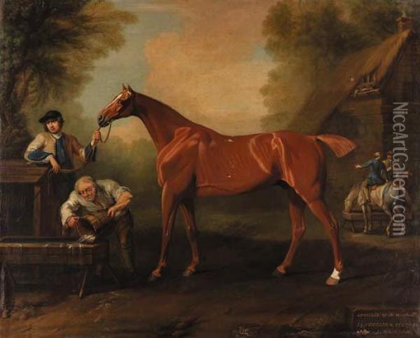 Greville, A Chestnut Thoroughbred Held By A Groom, With Otherfigures By A Barn Oil Painting - John Wootton