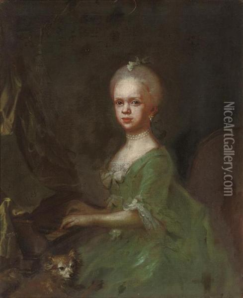 Portrait Of A Young Girl, 
Three-quarter-length, Playing Thepianoforte, In A Green Dress, With A 
Dog Oil Painting - Gaspare Traversi