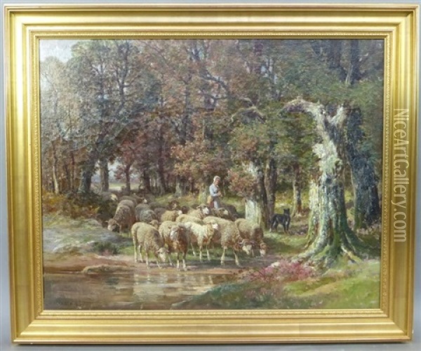 Bergere Et Son Mouton Oil Painting - James Desvarreux-Larpenteur