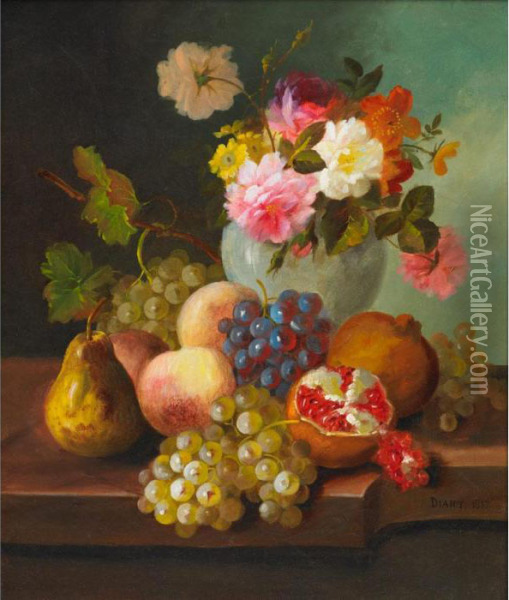 Pomegranates, Grapes, Peaches And A Pear On A Ledge With Vase Of Mixed Flowers Oil Painting - Jules Edouard Diart