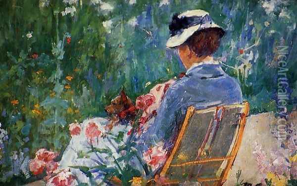 Lydia Seated In The Garden With A Dog In Her Lap Oil Painting - Mary Cassatt