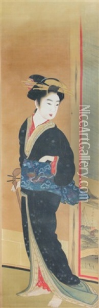 Geisha With Shamisen Oil Painting -  Gion Seitoku
