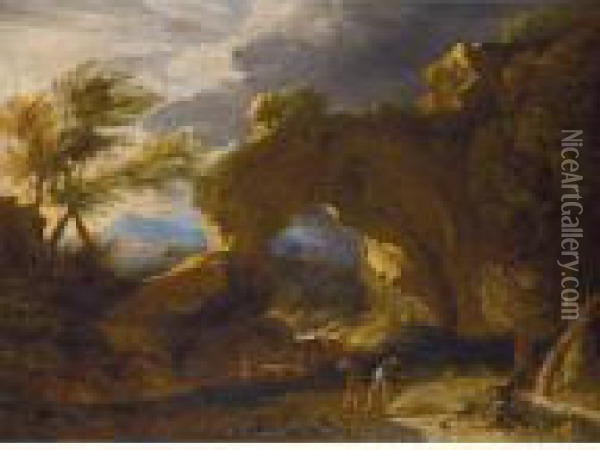 A Stormy Italianate Landscape With Drovers And Their Animals Fording A Stream Oil Painting - Pieter the Younger Mulier