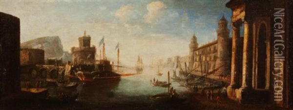 Capriccio Of A Harbour With Shipping, A Temple, Fortifications And A Tower Oil Painting - Gaspar van Wittel