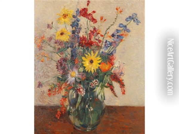 A Still Life Of Summer Flowers In A Glass Jug On A Table Top Oil Painting - James Bolivar Manson