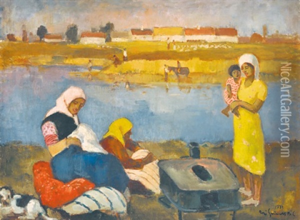 On The Riverside Oil Painting - Bela Ivanyi Gruenwald