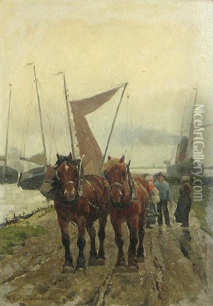Draft Horses And Figures On A Path By The Water's Edge Oil Painting - Frans Van Leemputten