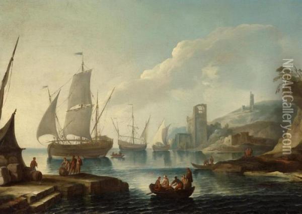 Idealized Harbour View With Figural Staffage Oil Painting - Adriaen Manglard