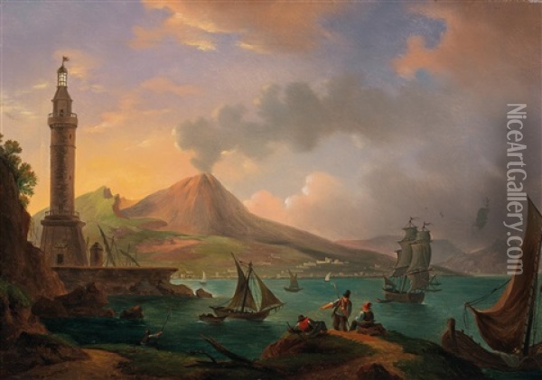 View Of The Gulf Of Naples With Mount Vesuvius Oil Painting - Michael Wutky
