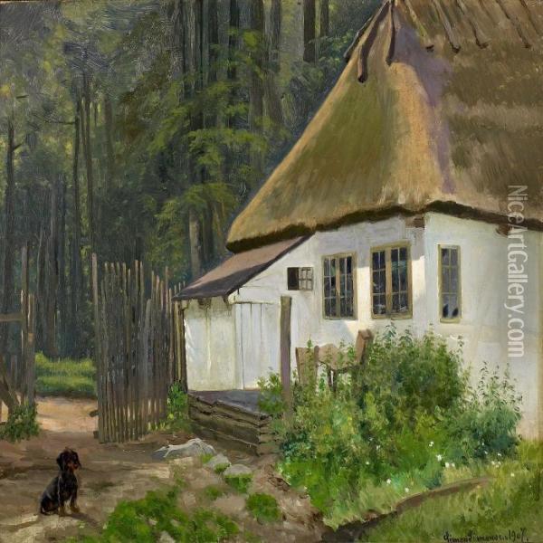 Dachshund Outside Aforest Guard Cottage Oil Painting - Simon Simonson