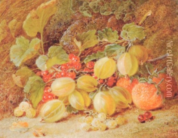 Goosberries, Strawberries And Redcurrants On A Mossy Bank Oil Painting - Vincent Clare