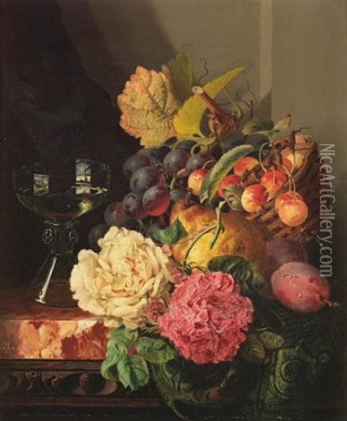 Still Life With Flowers, Fruit And Glass Oil Painting - Edward Ladell