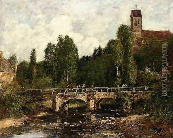 Saint-Cenery, the Church and the Bridge Oil Painting - Eugene Boudin