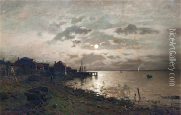 Fiskeby I Mansken Oil Painting - Axel Wilhelm Nordgren