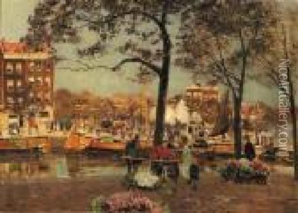 Flower Market, Amsterdam Oil Painting - Heinrich Hermanns