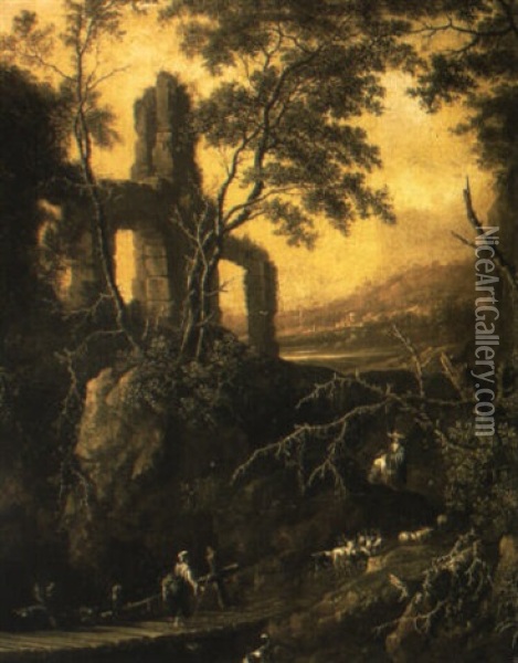 A Rocky Landscape With A Peasant Crossing A Bridge Near A Classical Ruin Oil Painting - Gerard Van Edema
