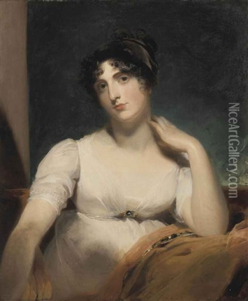 Portrait Of Mrs Henry Ker-seymer, Seated, In A White Dress, Her Left Arm Resting On An Orange Mantle Oil Painting - Thomas Lawrence