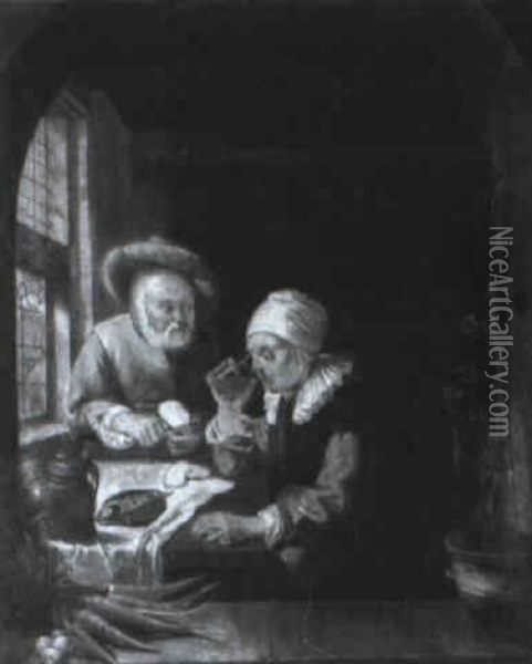 Interior With An Elderly Couple At A Meal Oil Painting - Gerrit Dou