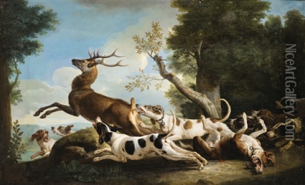 The Stag Hunting Oil Painting - Alexandre Francois Desportes