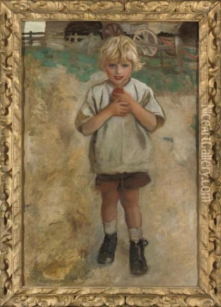 A Young Boy With An Apple Oil Painting - Harrington Mann