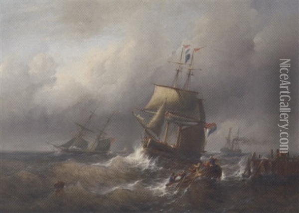 A Two-master Approaching A Harbour On Choppy Waters Oil Painting - Christian Cornelis Kannemans