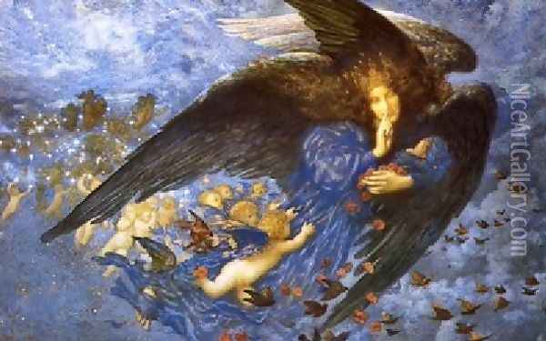 Night With Her Train Of Stars Oil Painting - Edward Robert Hughes R.W.S.