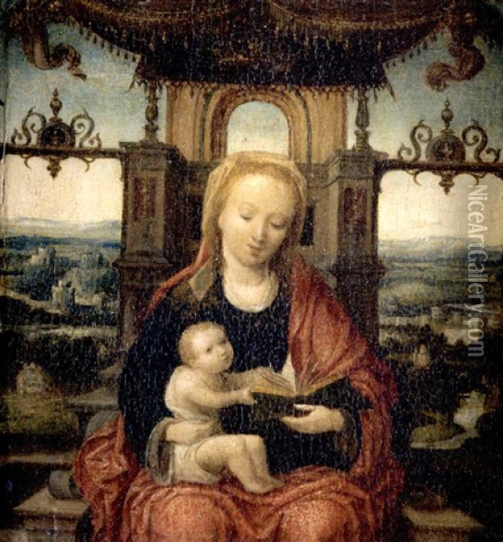The Virgin And Child Enthroned With An Extensive River Landscape Beyond Oil Painting - Adriaen Isenbrant