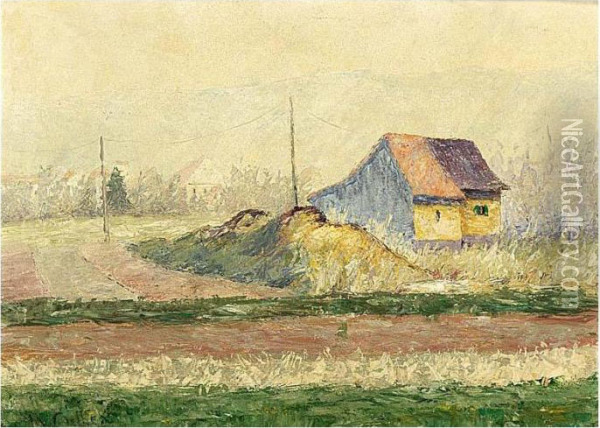 A Canadian Landscape With A Farmhouse, A Village And Mountains Beyond Oil Painting - Maurice Galbraith Cullen