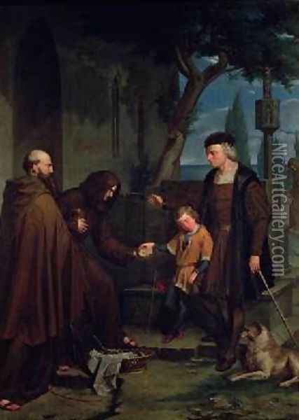 Christopher Columbus at the gates of the monastery of Santa Maria de la Rabida with his son Diego giving bread and water 1858 Oil Painting - Benito Mercade y Fabregas