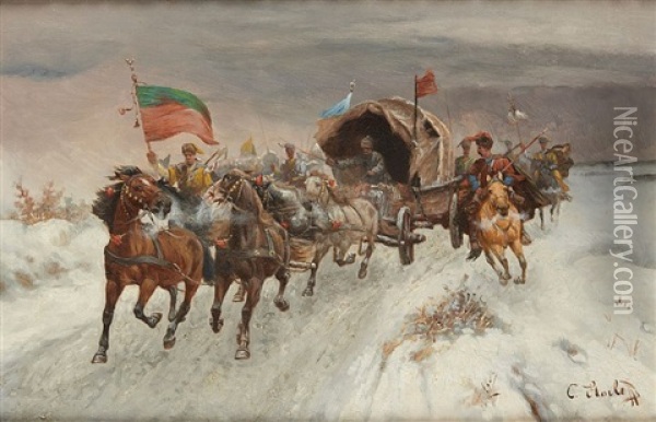 Chariot Attele Dans Un Paysage Enneige Oil Painting - Adolf (Constantin) Baumgartner-Stoiloff