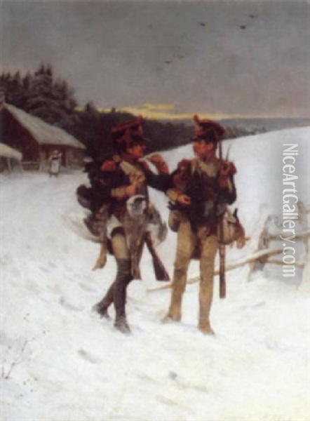 Two Officers With Game Oil Painting - Alexander Johann Gotlieb Petrovitch Schwabe