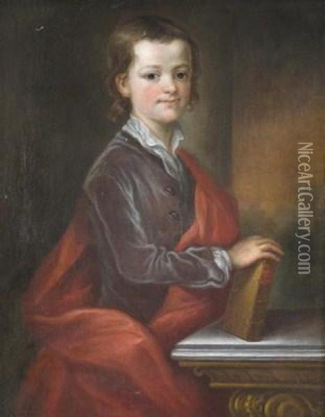 Portrait Of A Boy, Three-quarter Length Standing By A Table, Wearing A Red Robe And Holding A Book Oil Painting - Thomas Bardwell