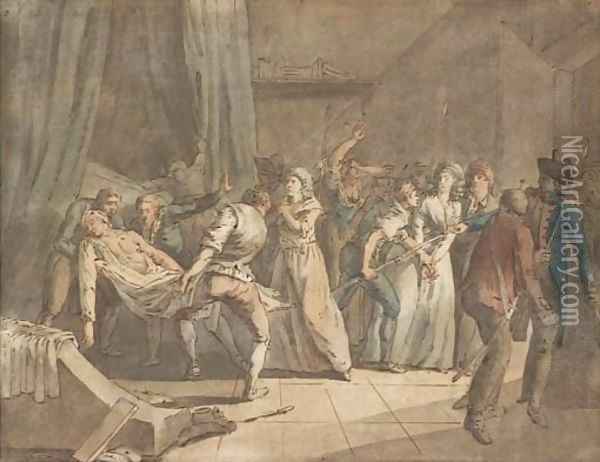The arrest of Charlotte Corday, with Jean-Paul Marat's body carried away Oil Painting - Louis Brion De La Tour