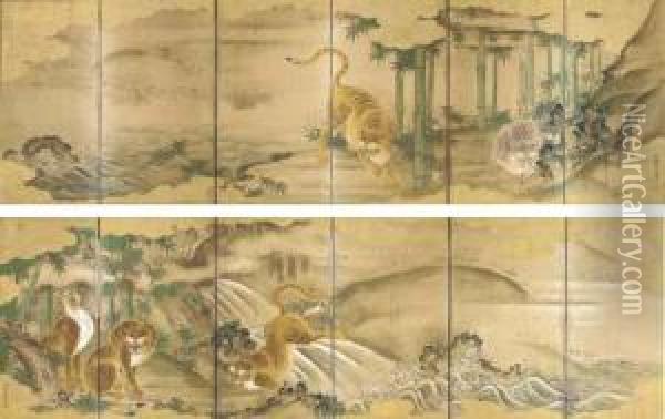 Tigers And Leopards In A Bamboo Grove Oil Painting - Eiseisai Nobusada