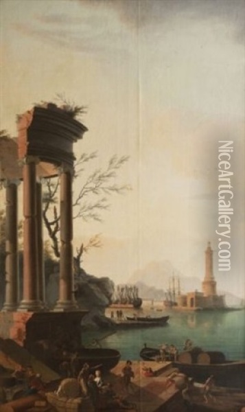Ruines Antiques A L'entree D'un Port Mediterraneen Oil Painting - Jean Henry d' Arles