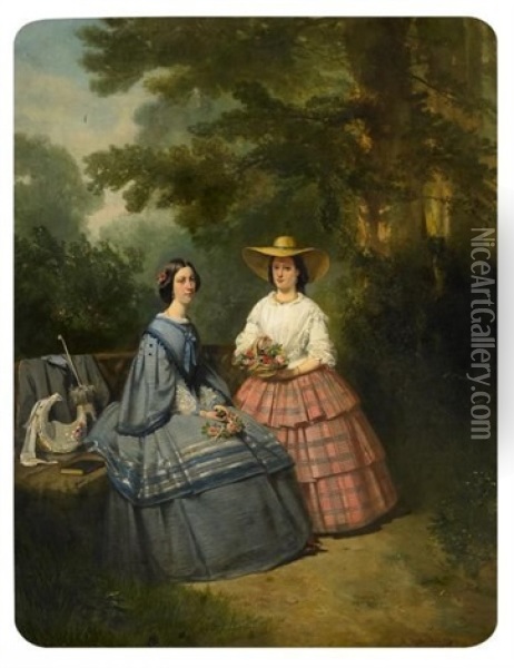 Doppelportrat Zweier Schwestern Im Park Oil Painting - Hendrik Hollander