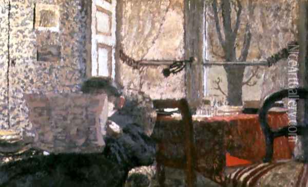 The Newspaper Reader, c.1896-98 Oil Painting - Jean-Edouard Vuillard