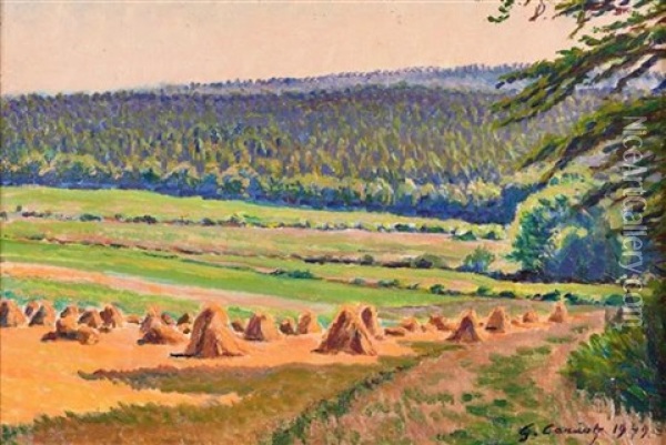 Landscape With Haystacks And Forest Oil Painting - Gustave Camille Gaston Cariot