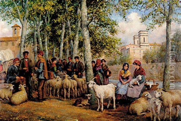 Italian Sheep Market Oil Painting - Arthur Trevor Haddon