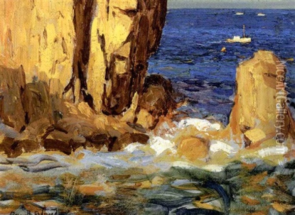 Fishing Boat Off The Rocky Coast Of Catalina Oil Painting - Granville S. Redmond