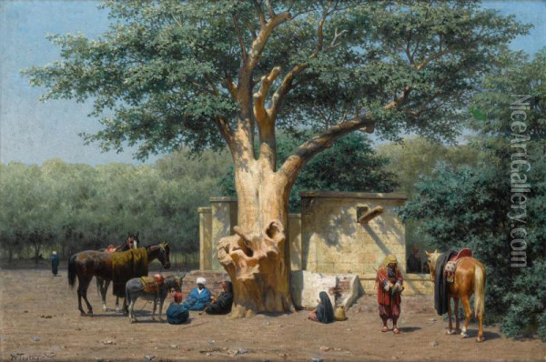 Le Puits Et Le Vieux Sycomore A La Place De L'esbekieh Au Kaire (egypte) Oil Painting - Willem De Famars Testas